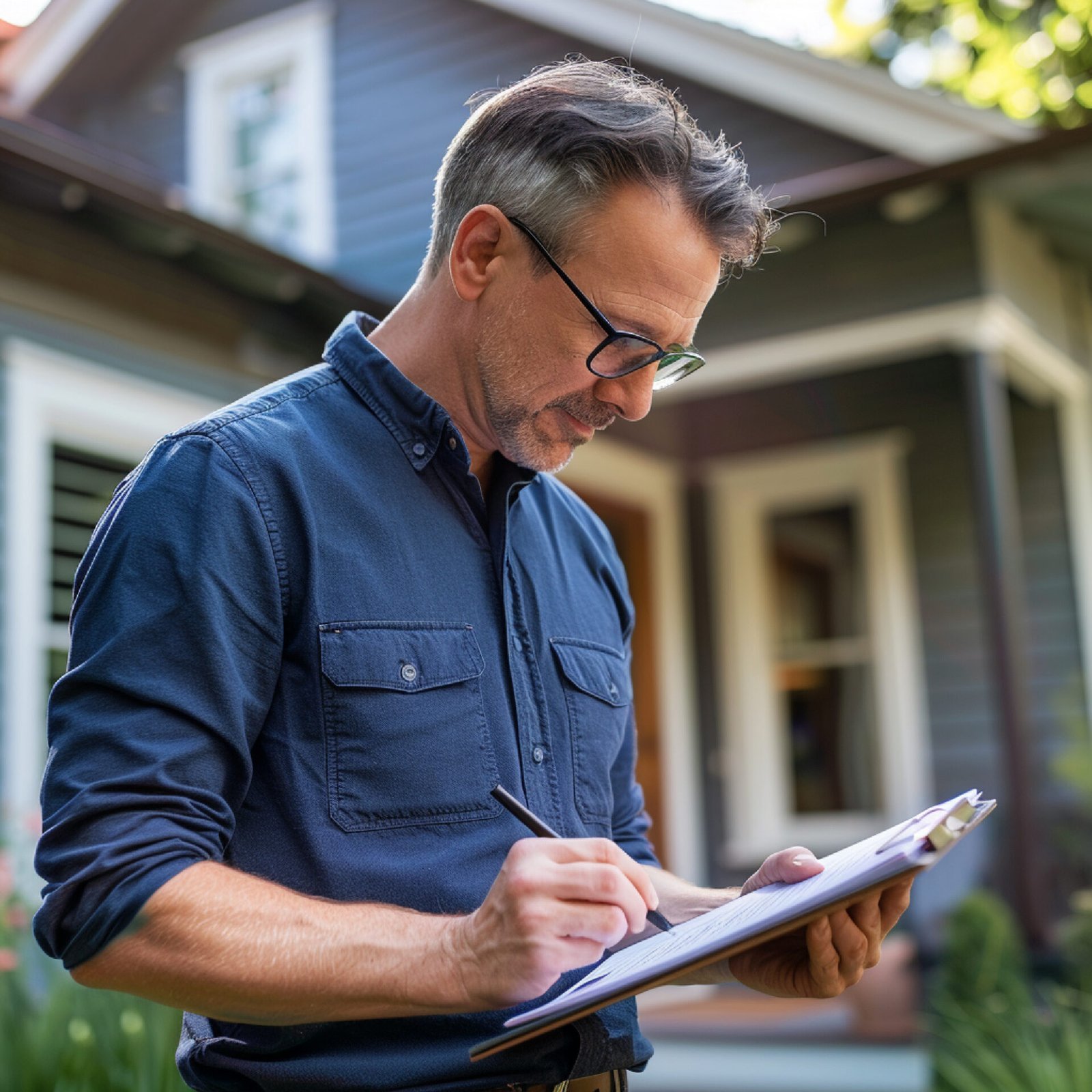 Real estate appraiser taking detailed notes property visit