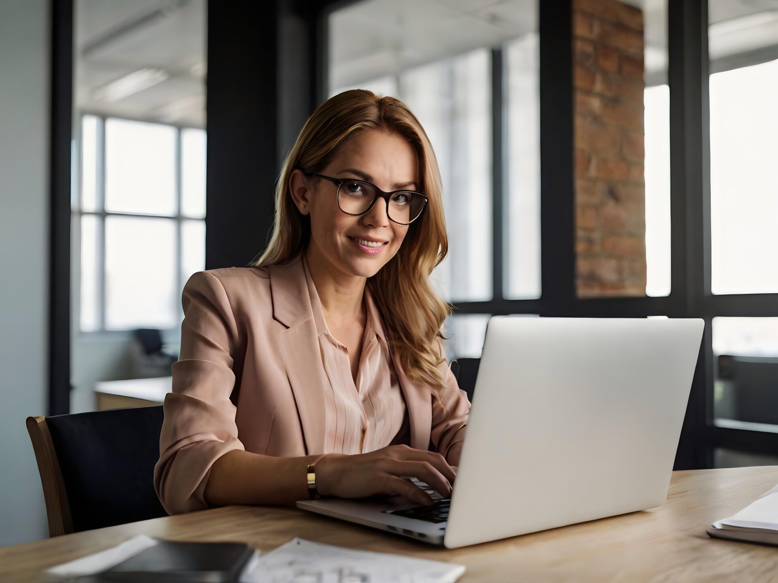 Woman sits desk with laptop sign that says she is working it